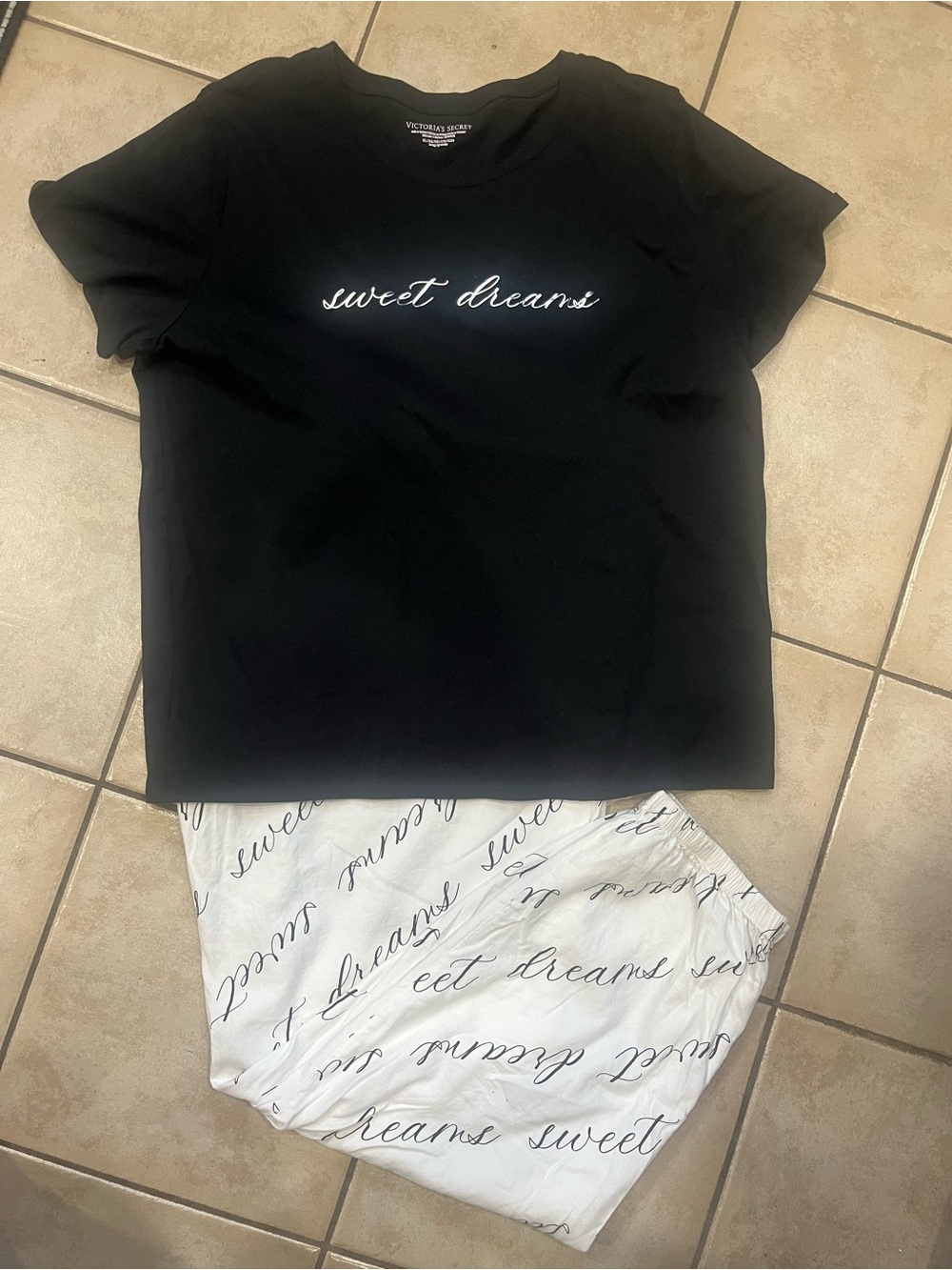 Victoria's Secret Black Tee & White Script Pajama Set